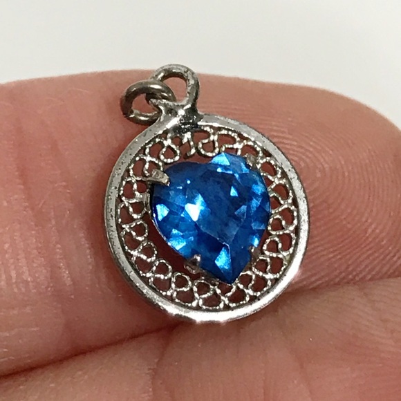 Vintage Jewelry - Artisan Signed R Sterling Silver Filigree Dainty Heart Paste Rhinestone Pendant